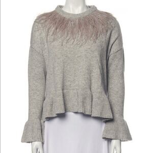 Cinq a Sept Crew Neck Sweater Grey With Ruffles and Feathers XS